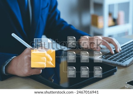 Document management system concept. Businessman manage digital business data, file storage, database document and file collection. Technology software computer manage file document business company.