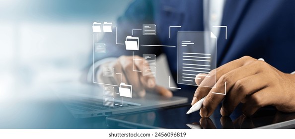 Document management system concept (DMS), Businessman working laptop virtual screen icons folder and document management system, Software for archiving, Searching and managing files corporate document