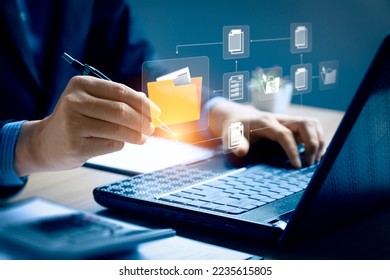 Document Management System concept. Enterprise content management, Digital asset management, Document imaging, Workflow, Records management, Online document file data software for efficient archiving.