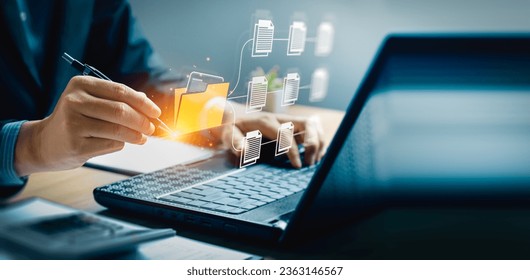 Document Management System concept. Enterprise content management, Digital asset management, Document imaging, Workflow, Records management, Online document file data software for efficient archiving.