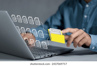 Document Management System concept. Enterprise content management, Digital asset management, Document imaging, Workflow, Records management, Online document file data software for efficient archiving
