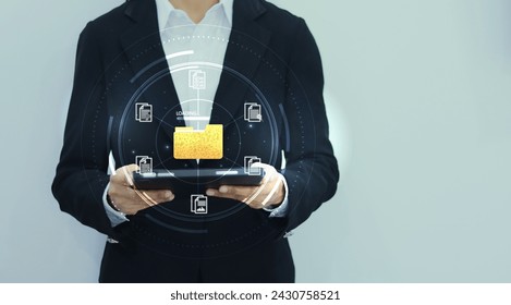Document management system concept. Document management information system icon on the hand. organize, and manage digital documents. Centralized repository for storage, and distribution. 