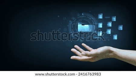 Document management system concept. Document management information system icon on the hand. organize, and manage digital documents. Centralized repository for storage, and distribution.