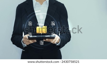 Document management system concept. Document management information system icon on the hand. organize, and manage digital documents. Centralized repository for storage, and distribution. 