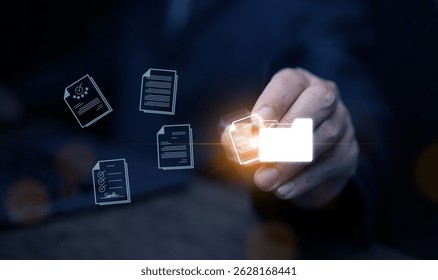 Document Management System concept. A man drags and drops files into DMS software to store, share, track and manage files or documents.