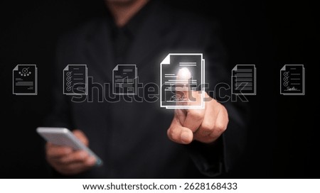 Document Management System concept. A man with his smartphone searches for a file stored in the DMS system for store, share, track and manage files or documents.