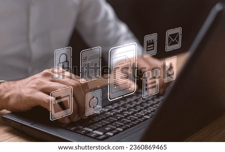 Document Management System concept. Online document file data software for efficient archiving. Enterprise content management, Digital asset management, Document imaging, Workflow, Records management.