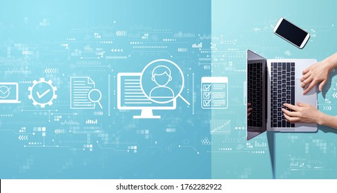Document management system concept with person working with a laptop