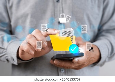 Document management system concept, software system for managing documents, information, organization. stores, searches, shares, controls data access, boosting efficiency and reducing data loss risks.