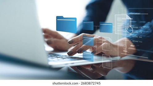 Document management system concept, software system for managing documents, information, organization. document searches and shares, data access, documentation reducing data loss