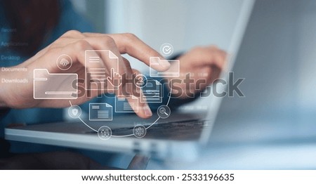 Document management system concept, software system for managing documents, information, organization. document searches and shares, data access, documentation reducing data loss