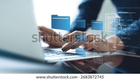 Document management system concept, software system for managing documents, information, organization. document searches and shares, data access, documentation reducing data loss