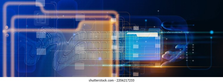 Document management system concept,business hnad reach folder and document icons software,efficient archiving and company data. searching and managing files online document database. - Shutterstock ID 2206217233