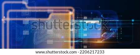 Document management system concept,business hnad reach folder and document icons software,efficient archiving and company data. searching and managing files online document database. Foto stock © 
