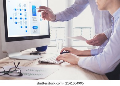 Document management system (DMS) allowing efficient business processes. colleagues working with file manager on computer screen at the office to approve a report. Digital transformation. - Powered by Shutterstock