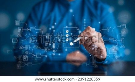 Document Management System - DMS with arrange folder and files icons. Man setup storage backup online application on computer laptop. Software for archiving, searching, managing files and information.