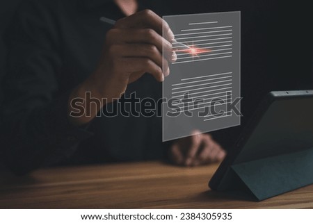 Document Management System (DMS). Artificial Intelligence (Ai) Man working edit virtual Paperless screen with computer laptop. File sharing network. Manage database. Searching report.