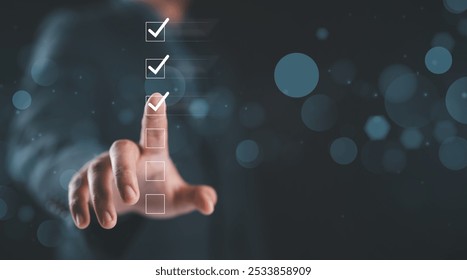 Document management system, DMS. Assessment form, questionnaire, checklist and clipboard task management. Businessman working with smartphone productivity checklist and filling survey form online.