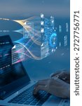 Document Management System (DMS), Automation and AI Concept. Businesswoman hands using laptop with virtual screen of digital files, flow of data, checklist, and artificial intelligence.