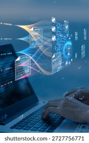 Document Management System (DMS), Automation and AI Concept. Businesswoman hands using laptop with virtual screen of digital files, flow of data, checklist, and artificial intelligence.