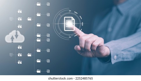 Document Management System (DMS) being setup by IT consultant working on in office. Software for archiving corporate files, searching and managing information. Business processes concept.