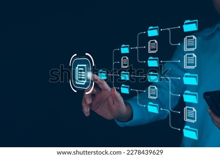 Document management system, DMS and business process system automation technology. Finger touching document icon on virtual screen. File storage data and archiving. ERP. software Folder structure.