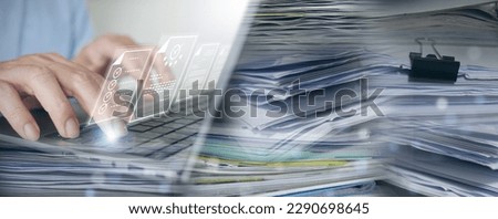 Document Management System (DMS): Businessman digitizes stacks of papers to go paperless. Enterprise Resource Planning (ERP), E-document management, online documentation database, digital file storage