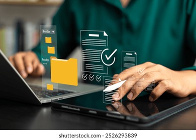 Document management system DMS with cloud access employees managing files, Folders, and Business information securely on laptops in a corporate office for efficient workflow, online document databases