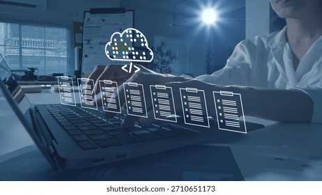 Document Management System DMS cloud computing Artificial Intelligence AI learning, Developer training a machine learning model cloud-based data documents stored on a secure cloud network.