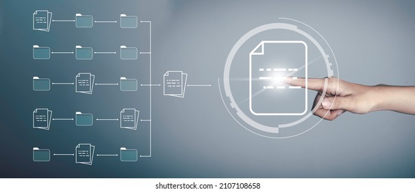 Document Management System (DMS) Concept. Businessman Hand Touch File Icon Virtual Screen Automation Software Archiving And Efficiently Manage And Information With ERP Corporate Business Technology.