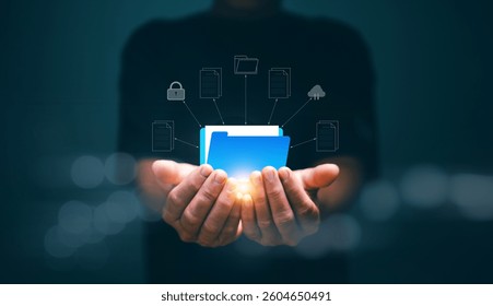 Document management system (DMS) concept, Hands holding file folder on virtual screen, Online documentation database and process to efficiently manage files, Managing corporate files.
