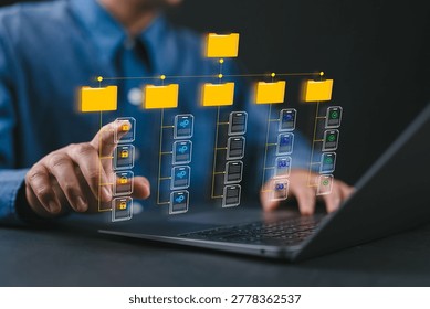 Document management system (DMS) concept with file and folder icons, representing document classification, version control, organized storage, and digital workflow management.