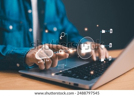 Document Management System, DMS concept. Software process store, data organize workflow, file folder track and manage digital document. Centralized repository for efficient creation, database storage
