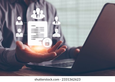 Document management system (DMS) and Corporate data management system and document management concept with secured access. documents in hand technology on digital document paperless operation.