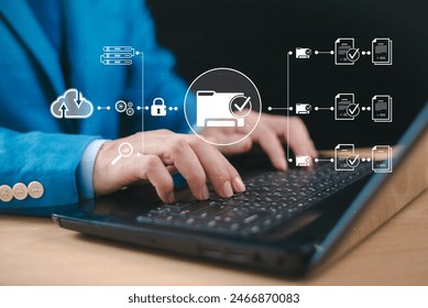 Document Management System (DMS). Data transfer backup, File Sharing. Web online document backup concept. Data personal safety technology concept. Cloud computing network security, office background. 