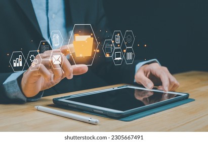 Document Management System (DMS), database and online to manage files. Product management system..Accounting and Finance,Human Resources..with ERP, corporate business technology - Shutterstock ID 2305667491