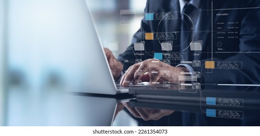 Document management system DMS, Enterprise content management, Businessman working on laptop computer with digital document, managing files data, paperless workflow, data search, cloud technology - Shutterstock ID 2261354073