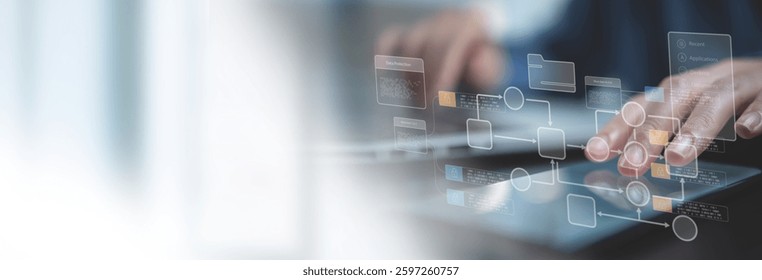 Document management system DMS, Enterprise content management, Businessman working on laptop computer with digital document and flowchart, managing files data, workflow for business development