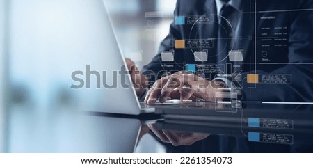 Document management system DMS, Enterprise content management, Businessman working on laptop computer with digital document, managing files data, paperless workflow, data search, cloud technology