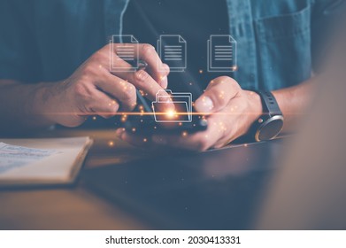 Document Management System (DMS), online documentation database and process automation to efficiently manage files, knowledge and documentation in enterprise with ERP. Corporate business technology. - Shutterstock ID 2030413331