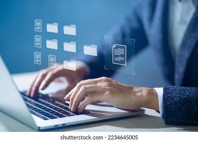 Document Management System (DMS) Online Document Database and automated processes to manage files, knowledge, and documents in an organization effectively with ERP, enterprise business technology. - Shutterstock ID 2234645005