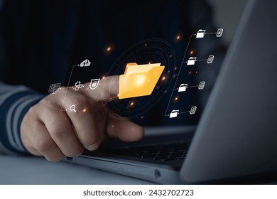 Document Management System (DMS), Open a file folder with flying blank documents with a computer. Data transfer backup, File Sharing, Document Transferring concept. searching and managing files.