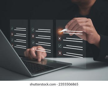 Document management system, DMS. Quality control and accuracy Check, Checklist and filling survey form online, Businessman using tablet online survey filling out, Business performance monitoring.