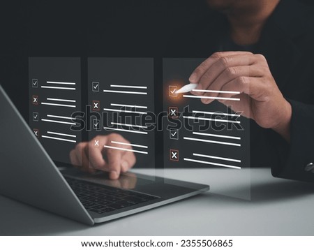 Document management system, DMS. Quality control and accuracy Check, Checklist and filling survey form online, Businessman using tablet online survey filling out, Business performance monitoring.