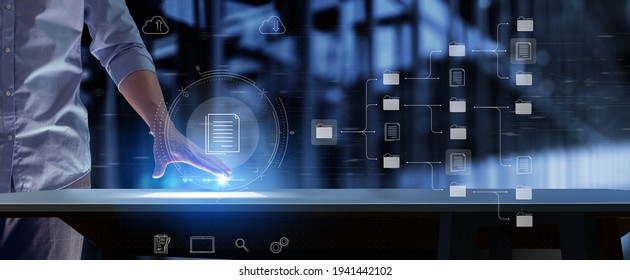 Document Management System or DMS setup by IT consultant with modern computer are searching managing information and corporate files.Business processing,Software for archiving concept. - Shutterstock ID 1941442102