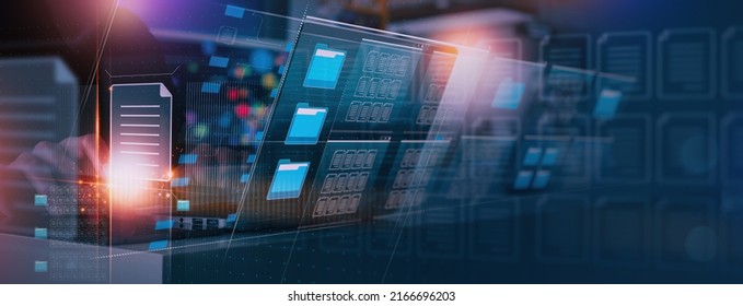 Document Management System or DMS setup by IT consultant with modern computer are searching managing information and corporate files.Business processing,Software for archiving concept.