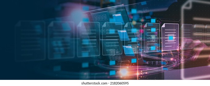 Document Management System or DMS setup by IT consultant with modern computer are searching managing information and corporate files.Business processing,Software for archiving concept.