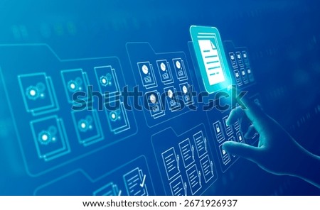 Document management system DMS, Systematic data storage, Saving and classifying files, digital, file, storage secure, Futuristic holographic interface, Hand selecting files, cloud business solutions