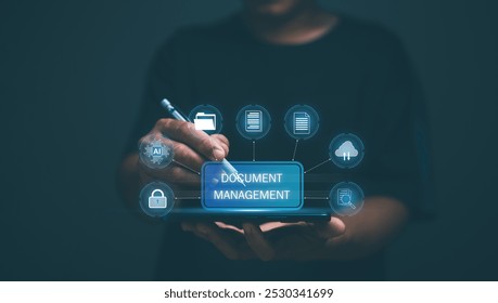 Document management system (DMS) technology concept, Document protection system, Businessman holding smartphone and pen in hand for managing files. Online manage file on central file storage.