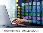 Document management system DMS and version control.Folder structure and classification system. File and folder icons. Businessman using laptop computer.